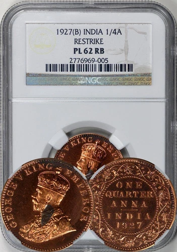 British India 1927 (B) Proof Restrike 1/4 Anna NGC PL-62 RB. Mostly Red!