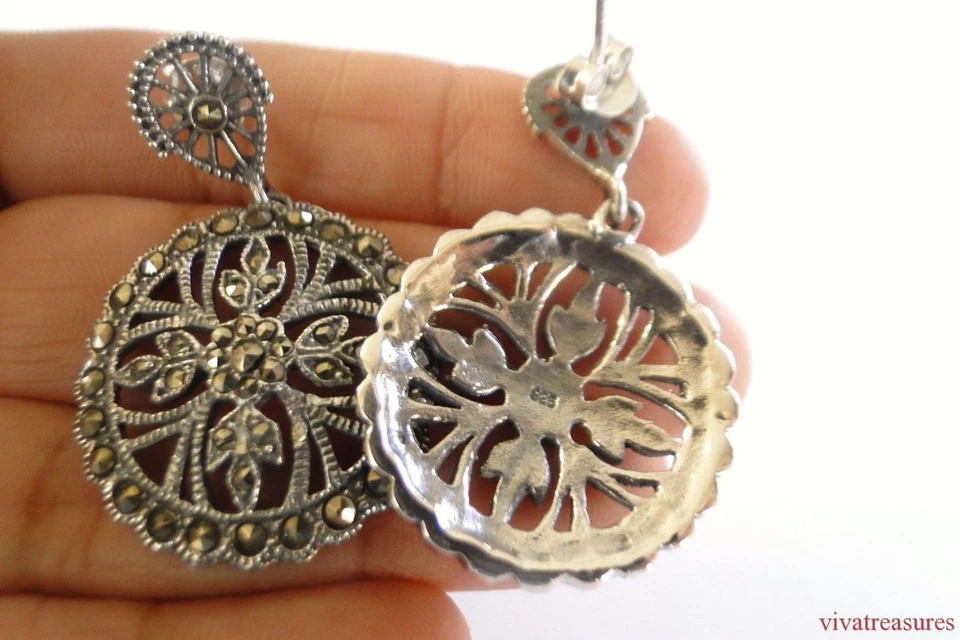 Pendientes colgantes de plata de ley 925 ornamentados de marcasita Foto 4 de 4