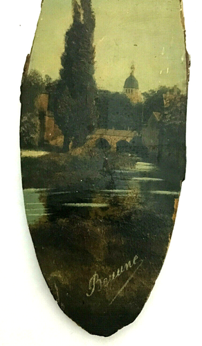 Antique Art Oil Painting French Landscape Signed Beaune France Wood Plaque 10" - Picture 4 of 7