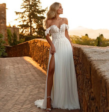 New Lace Boho Wedding Dress A Line Off The Shoulder Chiffon Silt Sweetheart