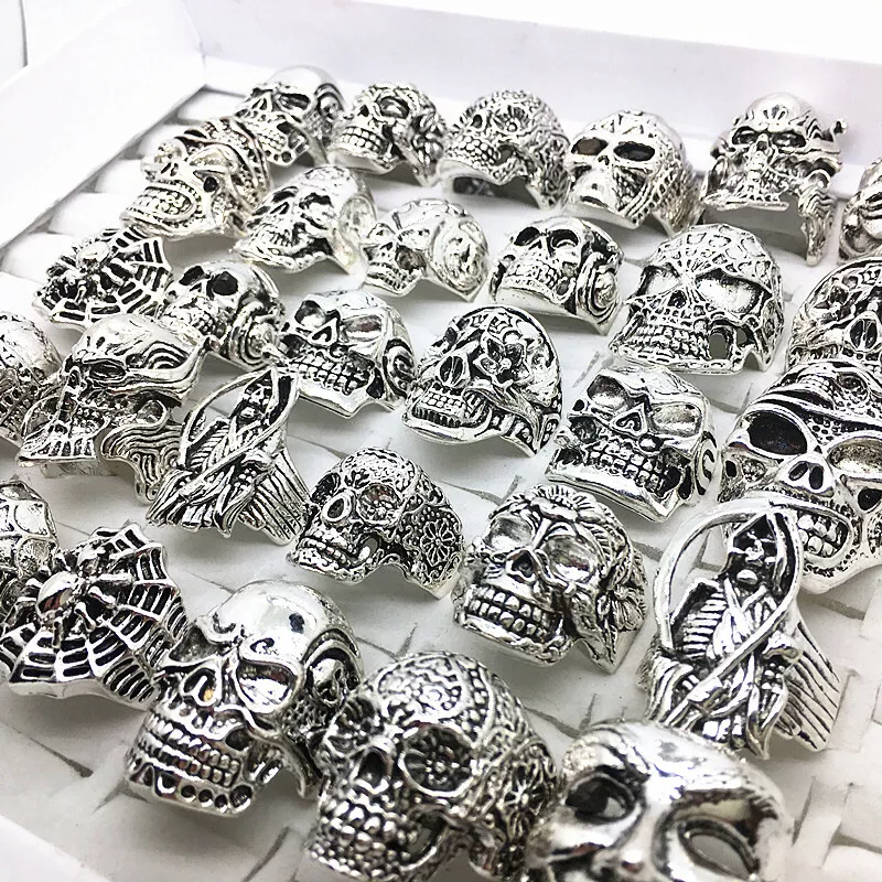 Wholesale 30pcs Mix Styles Men s Boy s Skull Rings Punk Biker