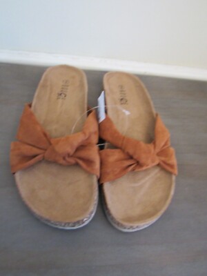 Women's Faux Suede Rust Brown Jean Chambray Slides Front Knot