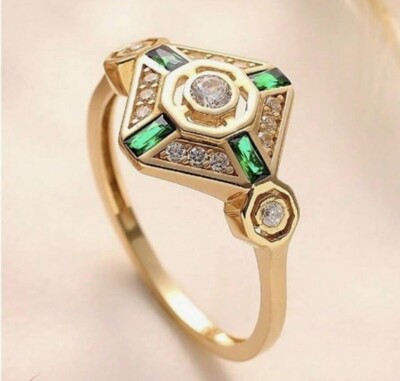 18K vergoldeter antiker Vintage Ring in Diamantform grüne & klare Steine Gr. 60