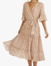 NWT Women’s Pink & White Dotted Print Maxi Dress Flutter Sleeve Size S