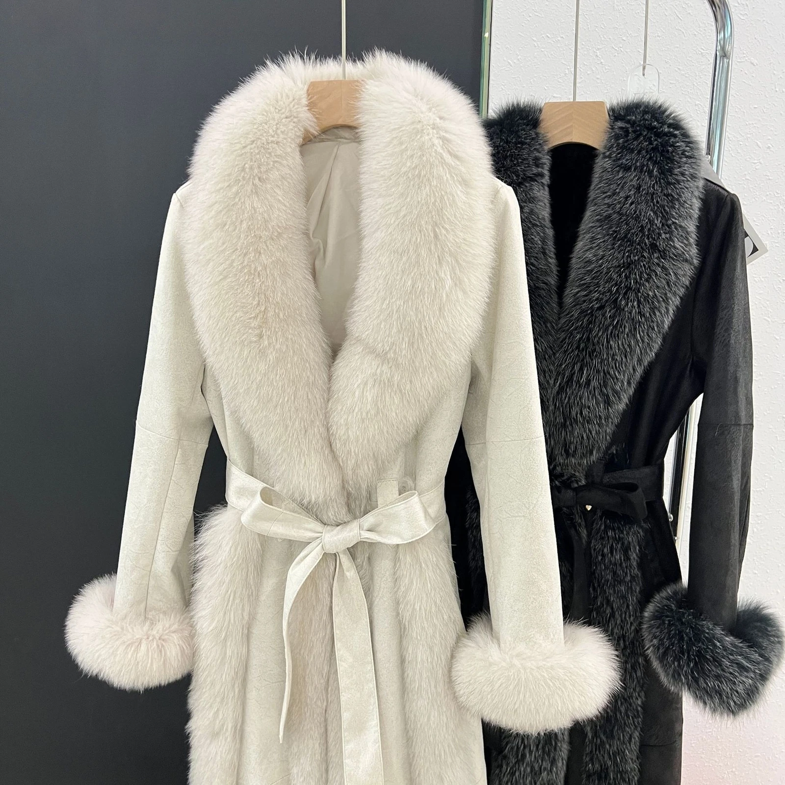 OFF WHITE Cappotto donna vera pelliccia di volpe collo pelliccia di coniglio sopra il ginocchio lungo trench invernale