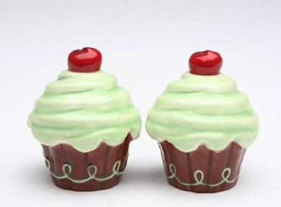 CERAMIC LIFE IS SWEET,GREEN CUPCAKE SALT & PEPPER S&P SHAKER By Robin Roderick