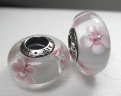 2 Authentic Pandora Charm Pink Cherry Blossom Murano Glass Bead Valentine's Day