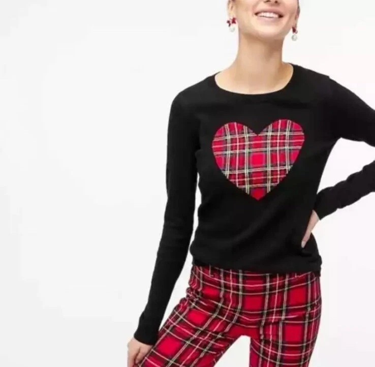Suéter J CREW Mediano Tartán Cuadros Corazón Negro 100% Algodón Preppy Cottagecore Foto 2 de 4