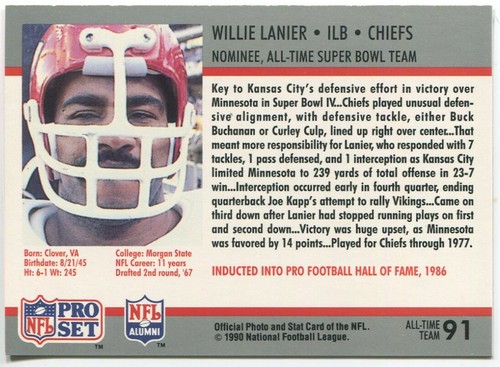 1990-91 Pro Set Super Bowl XXV Silver Anniversary #91 Willie Lanier K.C. Chiefs - Picture 2 of 2