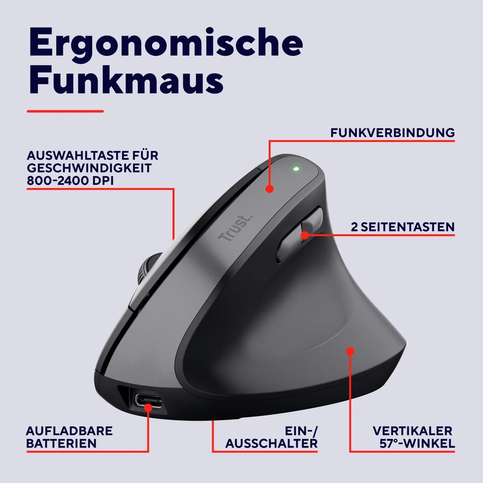 Yuno Wiederaufladbare Vertikale Maus Kabellose Ergonomische Maus 2.4GHz Vorbe... - Bild 2 von 4