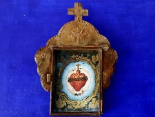 Rustic Mexican tin nicho Sacred Heart Crown of torns wall hanging folk art rusty