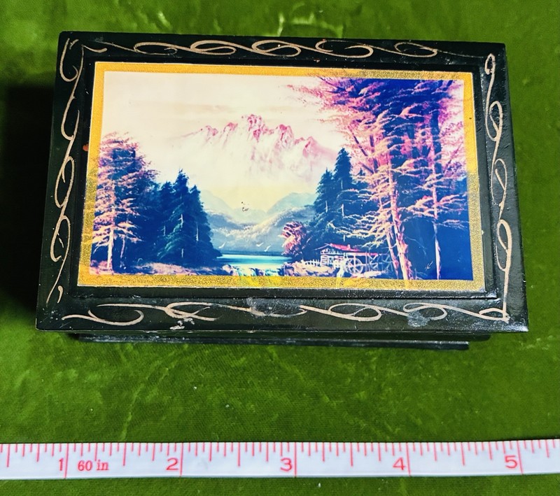 Russian Lacquer  Trinket Box Lake Forest Mountain Nature Scene