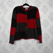 Colorblock Patchwork Whipstitch Fuzzy Button Front Cardigan Sweater Red Grey