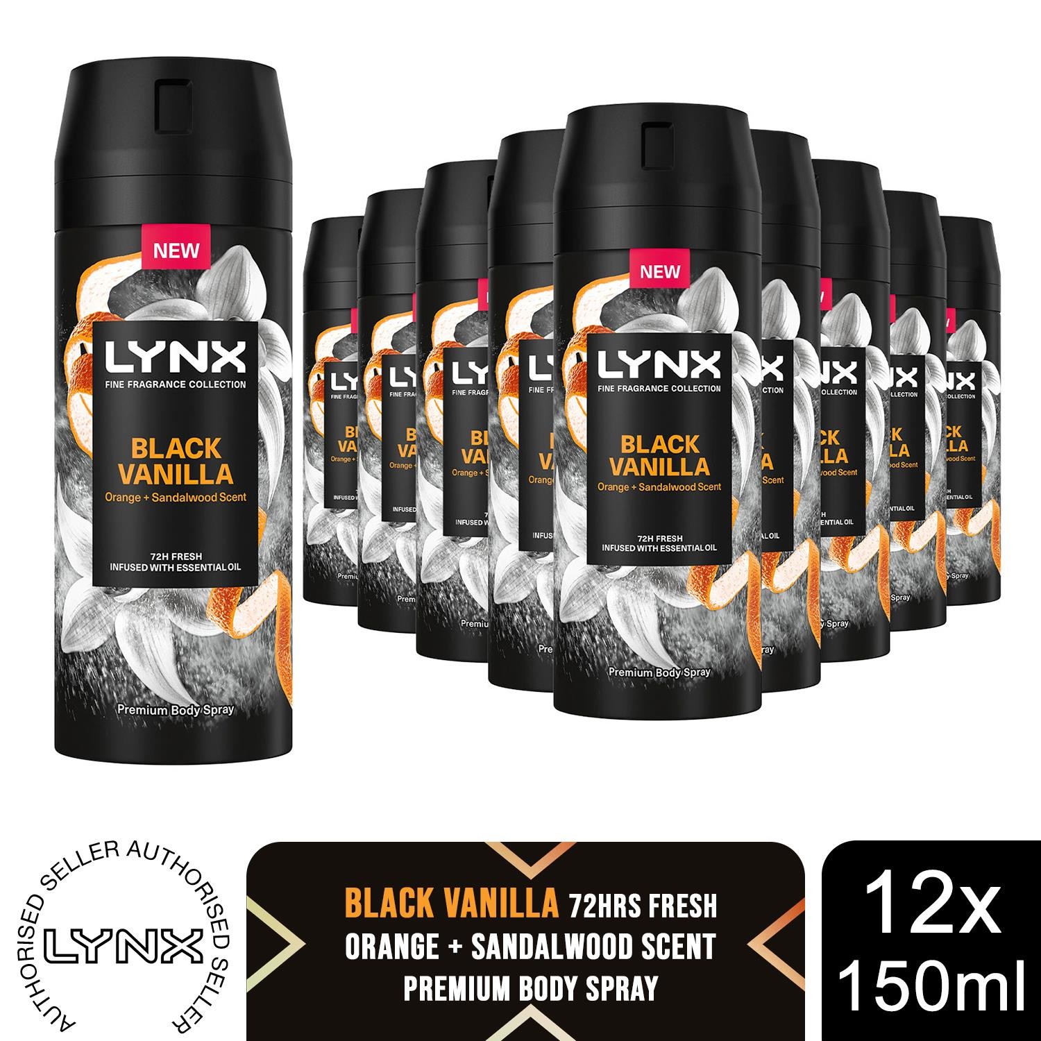 Lynx Fine Fragrance Collection Black Vanilla Deodorant Body Spray 150ml, 12 Pack