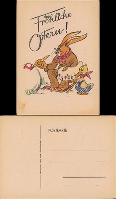 Ansichtskarte  Ostern Hase malt Eier Ente - Handcoloriert 1955