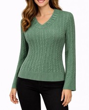 Eddie Bauer Women  s Cable Knit M Sweater V Neck Long Sleeve Green Cotton Blend