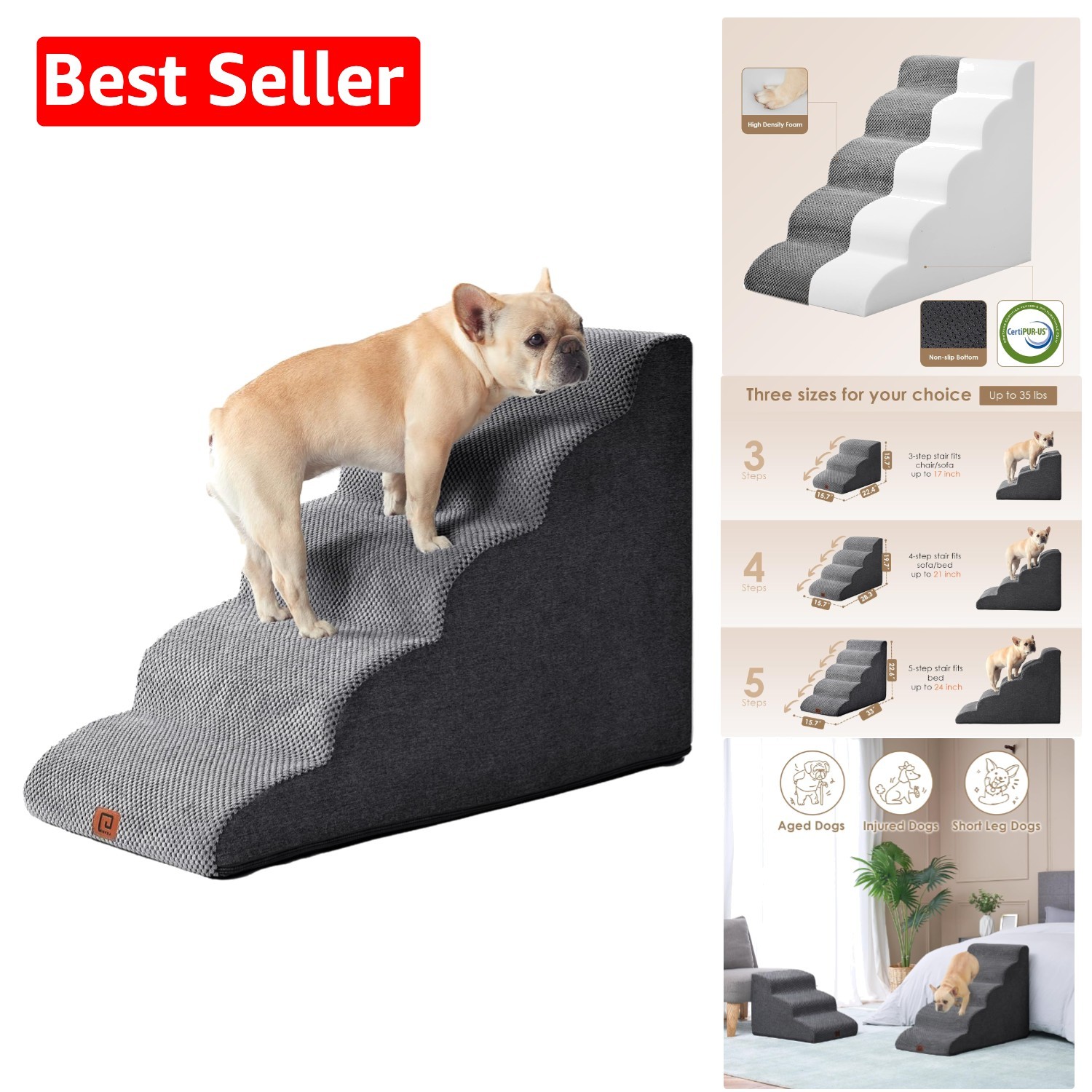 Fleece-Grey Curved Pet Stairs Ramp for Small Dogs High