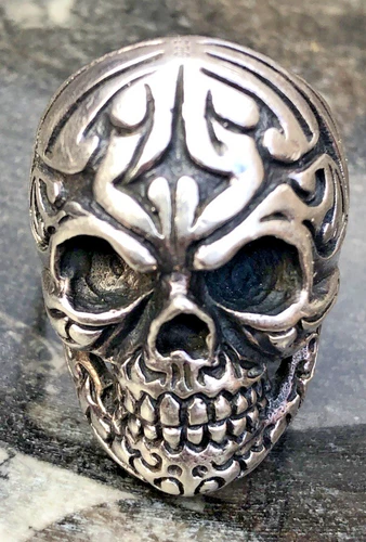 Vintage 20th Century 925 silver day of the dead skull ring Mexico size'P' 9.5g