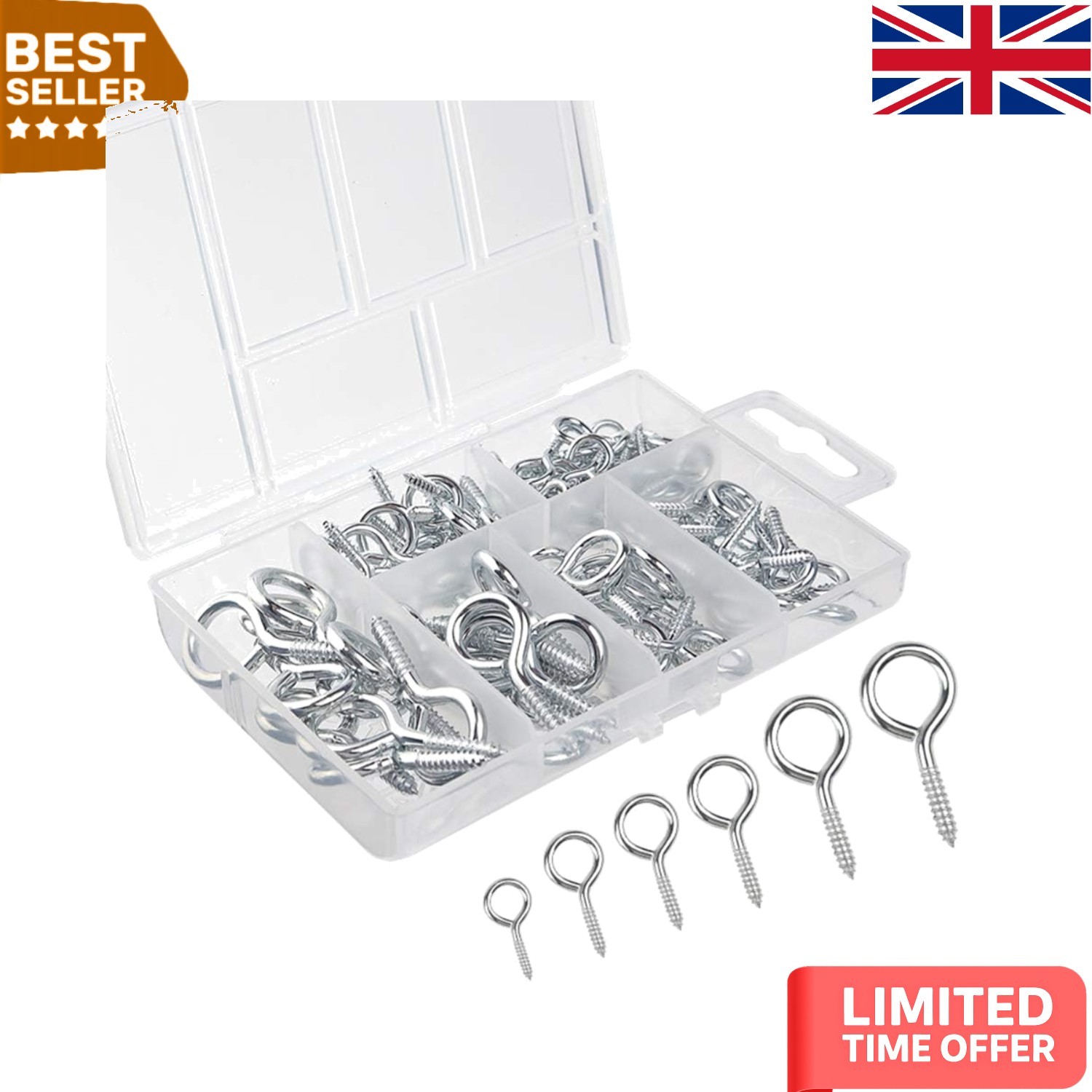 Durable Mixed Size Eye Bolts - 100 Count Nickel Plated Carbon Steel Hooks