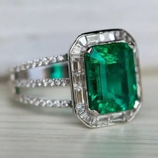 4.00Ct Emerald Cut Natural Green Emerald Halo Wedding Ring 14K White Gold Plated