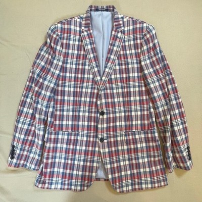 Bar III Blazer Mens 42L Red Blue White Plaid Slim Fit Cotton Linen Carnaby Suit