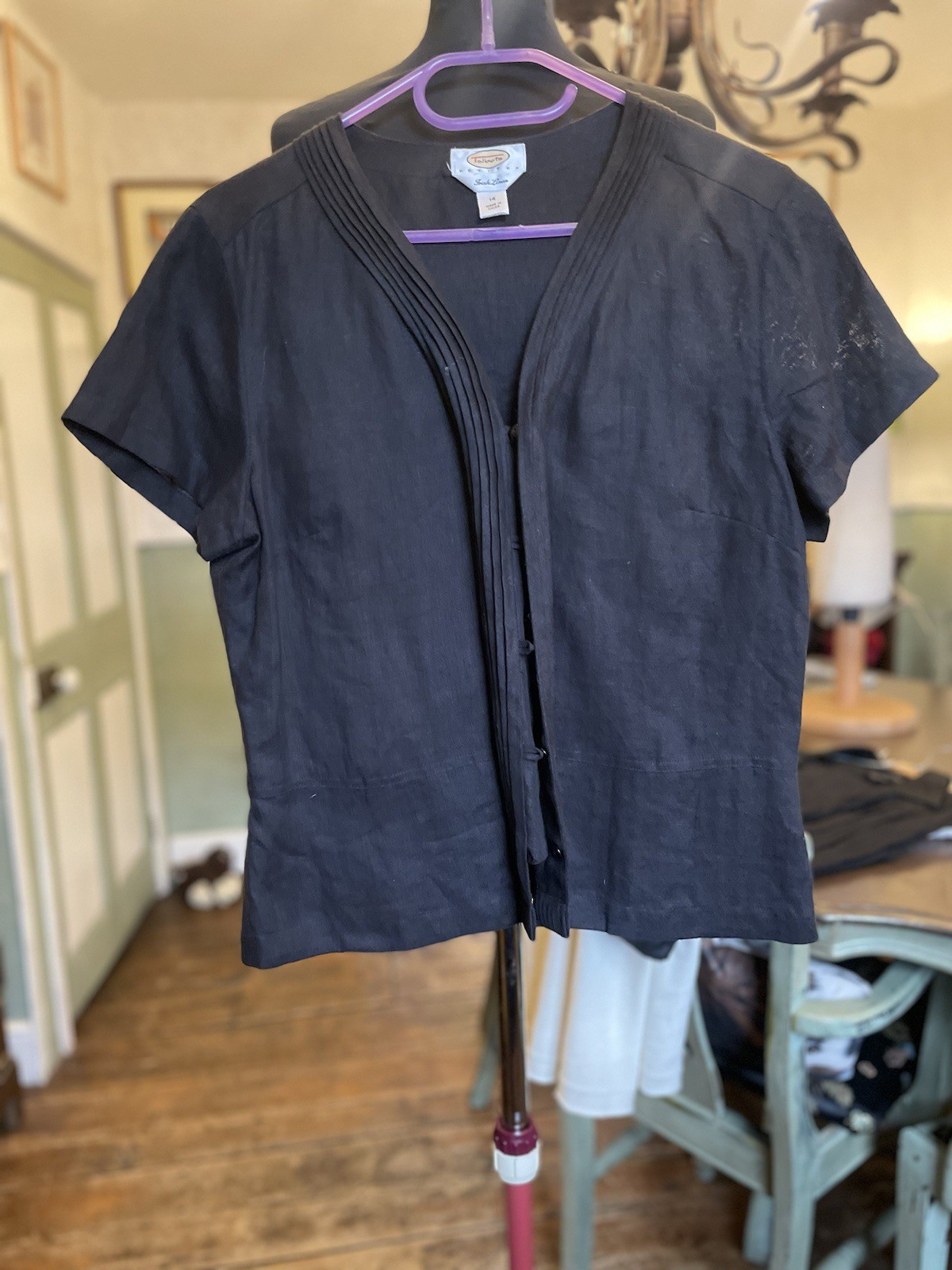 Talbots 100% Irish Linen Button-Up Top Size 14 Black  Vintage Minimalist