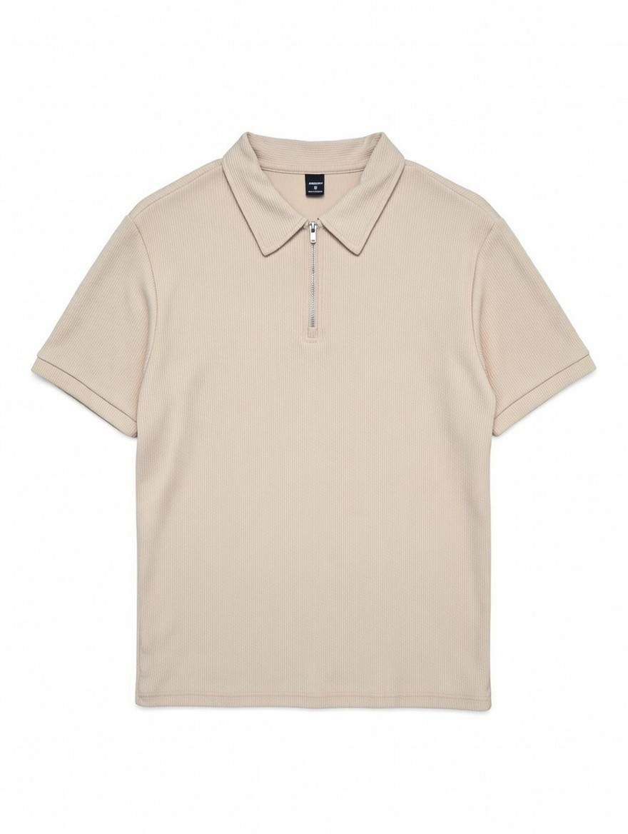 MANFINITY Beige Polo Shirt Men's Short Sleeve Zip Collar Knit Casual Size M