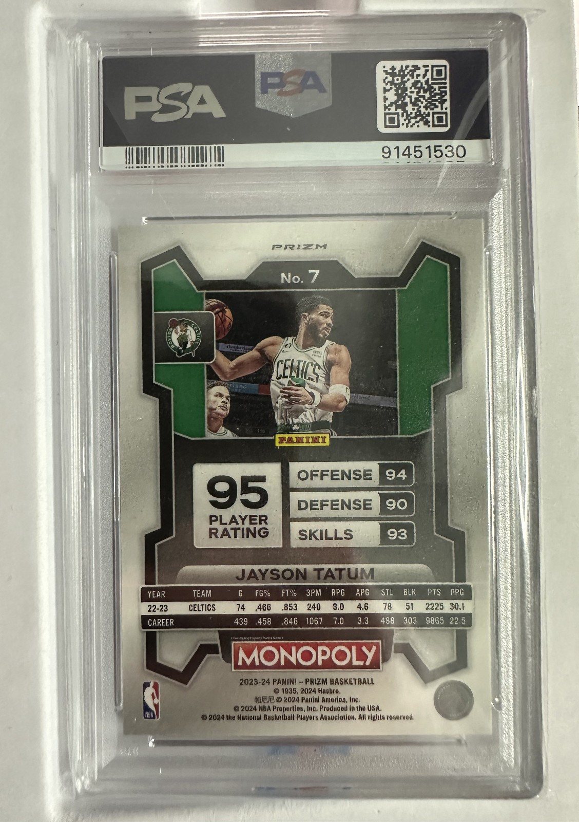 2023-24 Panini Prizm Monopoly Jayson Tatum #7 Running Man PSA 9 view 2
