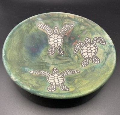 RAKU Pottery Marine Dream Sea Turtle Dish/Bowl Signed J  Diller Iridescent 9.5 