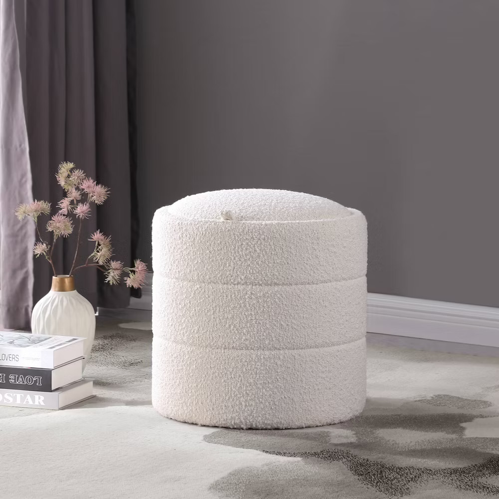 HomePop Boucle Ottoman Round Storage Bedroom Vanity Living Room Cream