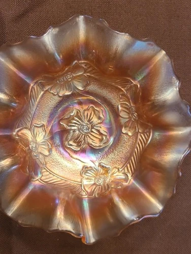 Antique Dugan Carnival Glass Apple Blossoms Bowl Ruffled Rim Marigold 1920s 7"