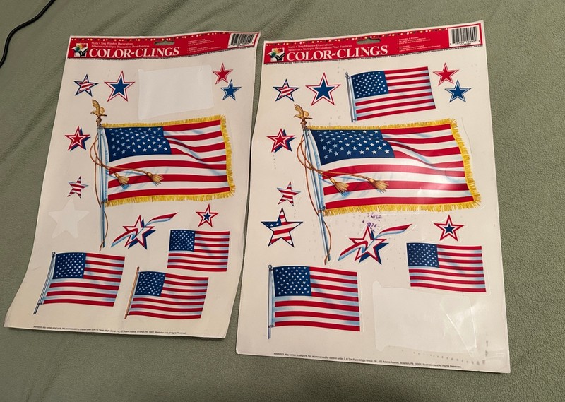 VTG American Flag 2 Sheets Color Static Clings Window Decoration RED WHITE BLUE