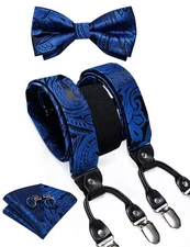 Blue Bow Tie and Suspenders for Men 6 Clips Adjustable Y Braces Paisley Pocke...