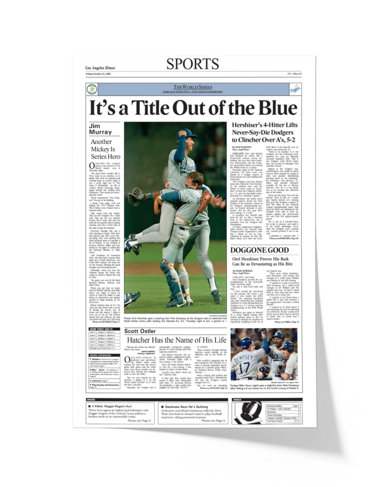 1988 Los Angeles Dodgers World Series Champions UnFramed Front Page Newspaper Prin