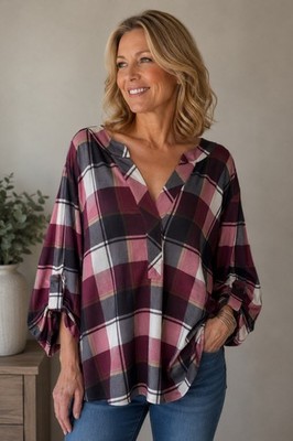 Ali Miles Multi Color Plaid Print 3/4 Sleeve Plus Size 2X Stretchy V Neck Top