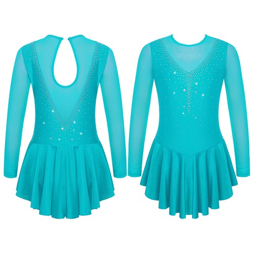 Kids Girls Rhinestone Ballet Dance Dress Mesh Figure Ice Skating Leotard Dresses - Picture 35 of 48