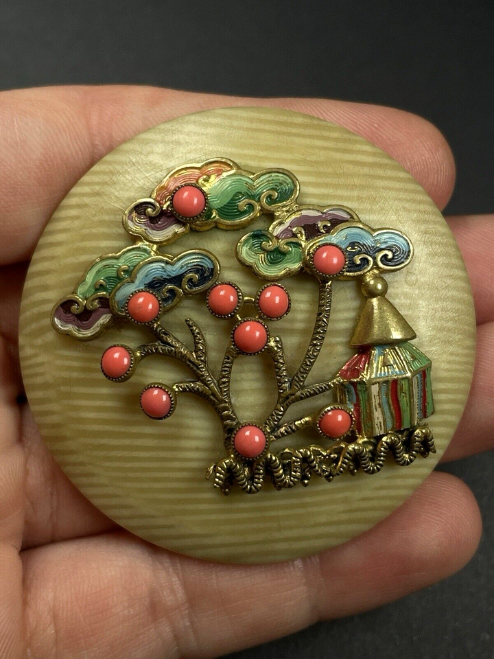 Broche Ancienne Art Déco En Celluloïd Ou Galalithe à Strass - Bijou Vintage Occasion