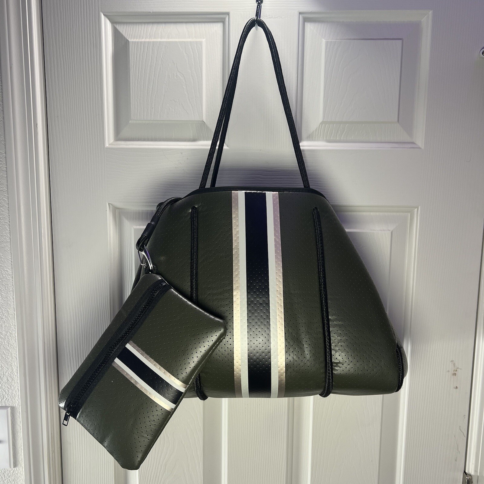 Haute Shore Greyson Envy Tote Purse Olive Green Rose Gold Black Stripe Beach Bag