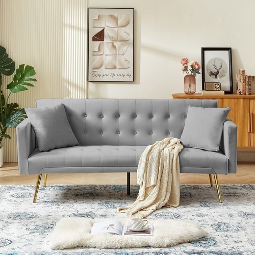 Convertible Futon Sofa Bed W/ Adjustable Backrest & Pillows Velvet Gray Gold New - Picture 3 of 7