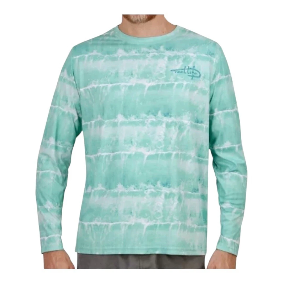 Reel Life Performance Shirt Mens Large Teal Ocean Wave Print Long Sleeve Fishing