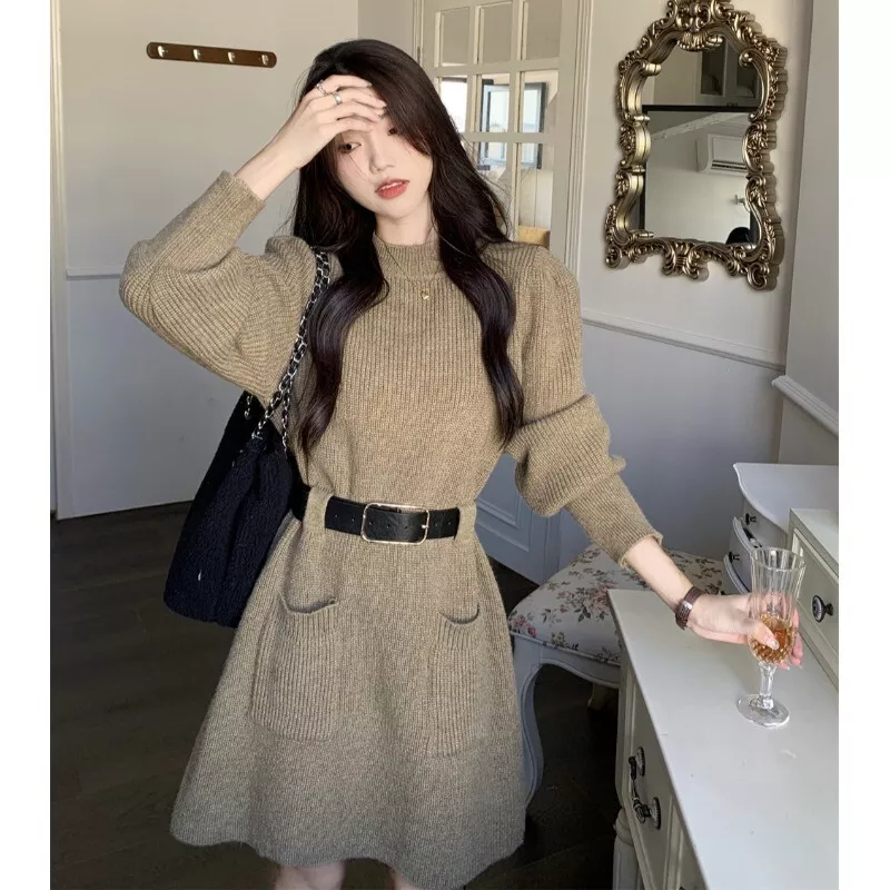 Korean women girls knitting long sleeve pocket dress autumn winter Ladies  sweate