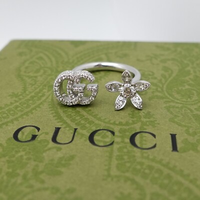 Gucci 18K White Gold Double G Logo & Flora Diamond Open Ring Size