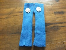 Beautiful Arm Hand Warmers Blue Knit White Crochet Flower 11" Long NEW