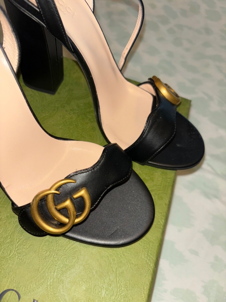 GUCCI ブラック パンプス ゴールド装飾 37 1/2 gucci heels 37 black with gold logo worn 3 times no damage