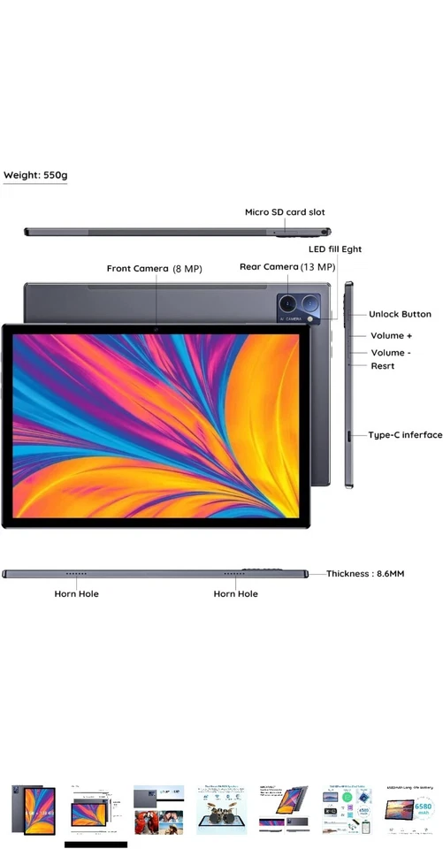 TENYIDA 10.1" Inch Android Tablet PC， Unlocked Phablet 8GB RAM 128GB Storage... - Image 2 of 4