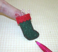 Miniature Felt Stocking w/SPARKLE, GREEN w/RED Cuff: DOLLHOUSE Christmas 1:12