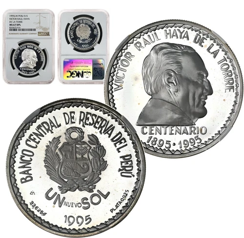 PERU UN Sol 1995 Silver 1oz. NGC MS67 Centennial of Victor Raul Haya de la Torre