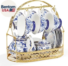 Porcelain Tea Sets,Blue British Coffee Cups& Saucer Service for 6, with Teapot,S