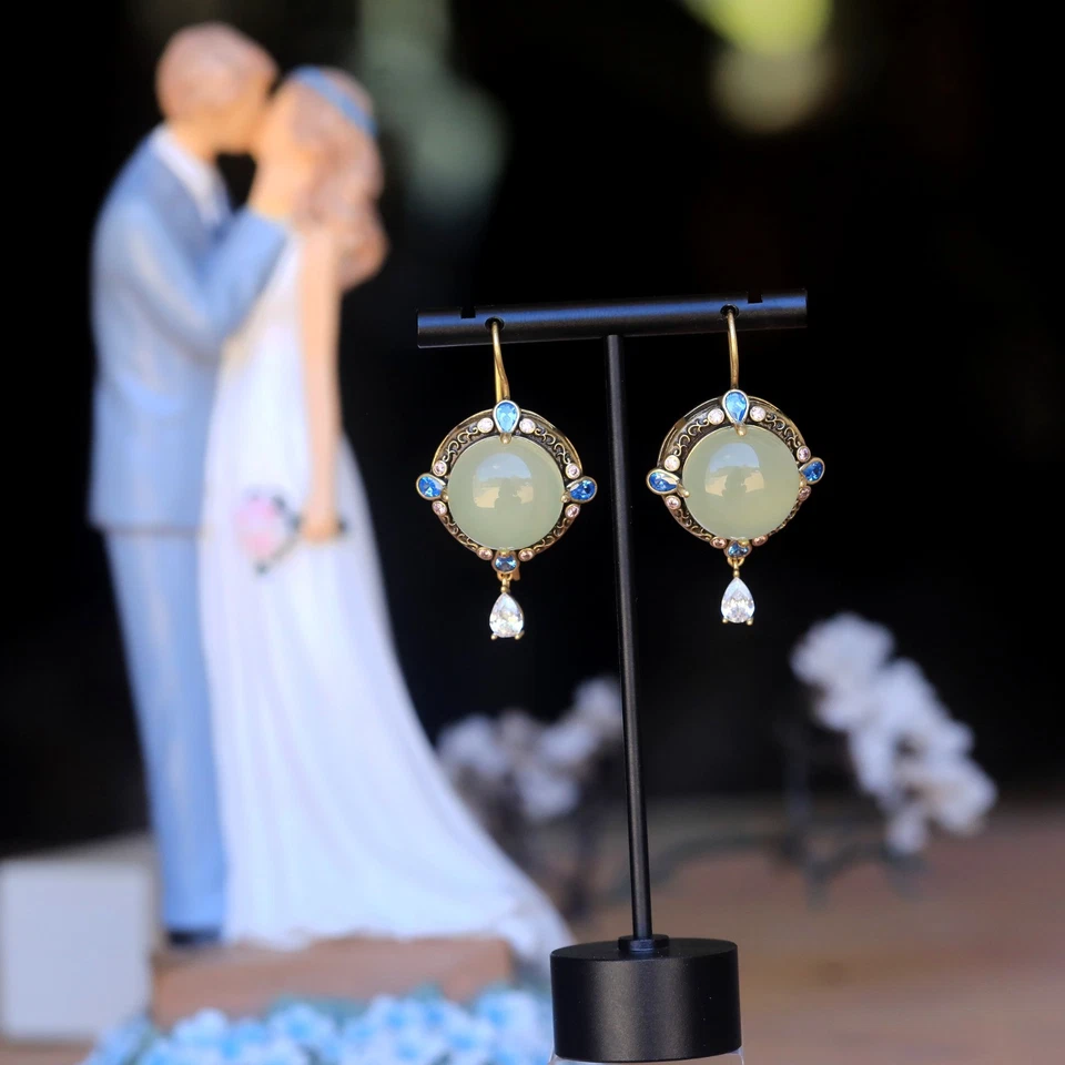 Gruesa Pendientes Colgantes Dorado Engastado Cz Azul Ronda Ágata Verde Claro SB4 - Imagen 3 de 4