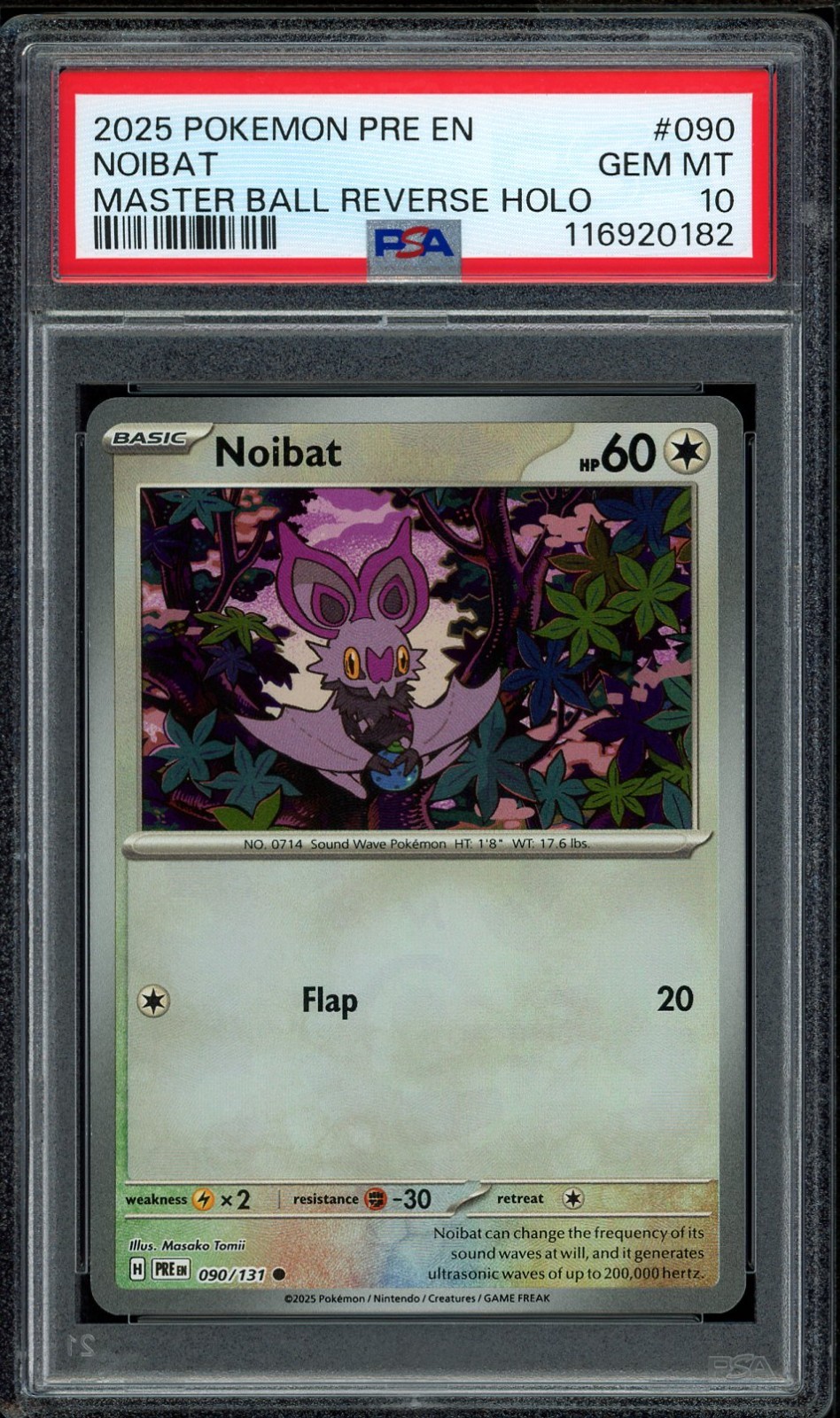 2025 PSA 10 Pokemon Prismatic Evolutions Noibat Master Ball Rev 090/131 card